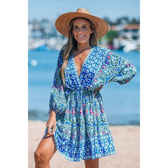 Cupshe Blue Boho Paisley V-Neck Puff Sleeve Mini Dress/Swimsuit Cover Up ~ NEW - Picture 1 of 11
